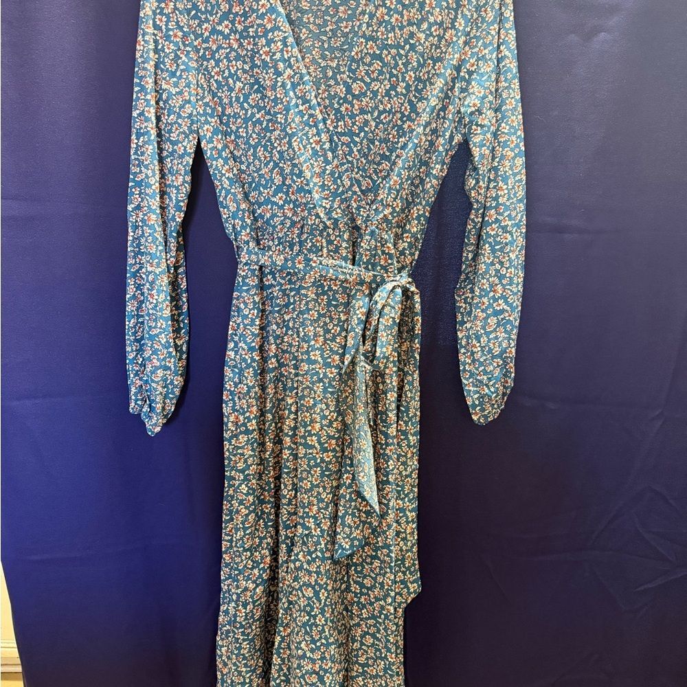 PRETTYGARDEN Teal Floral Wrap Dress XL Ruffle Hem Boho Fall Cottagecore EUC